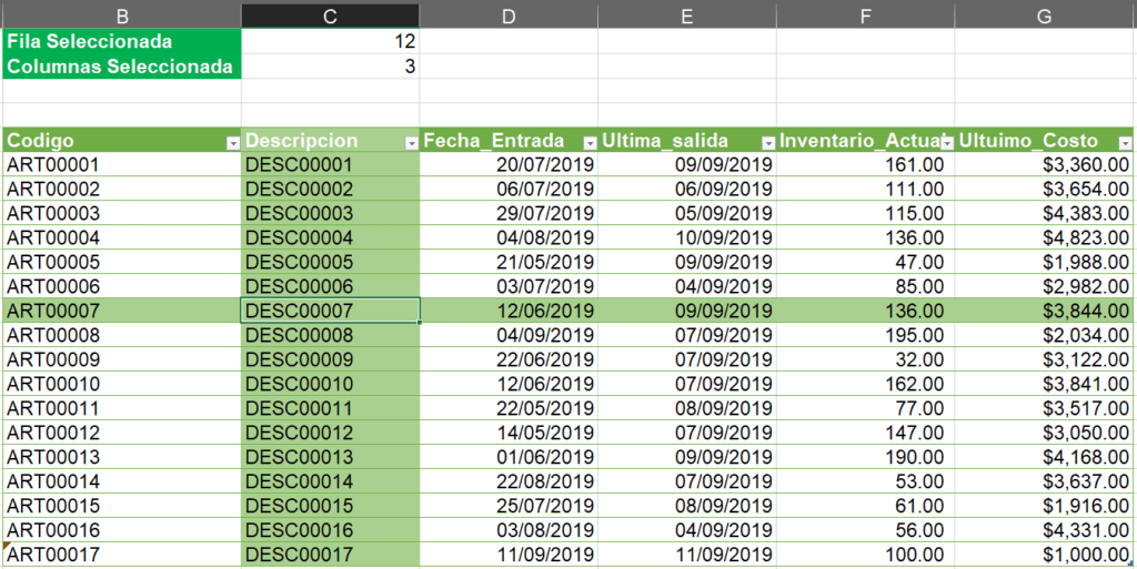 Fila Columna seleccionada en Excel. - macros