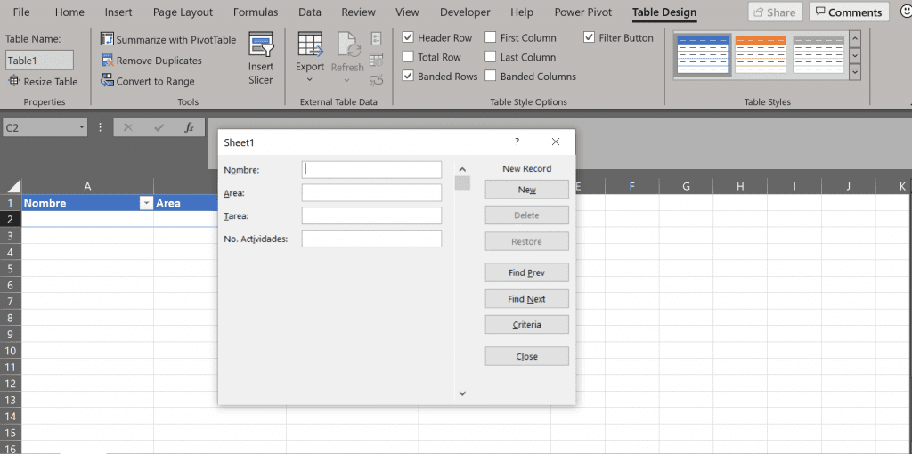 herramienta forma Excel