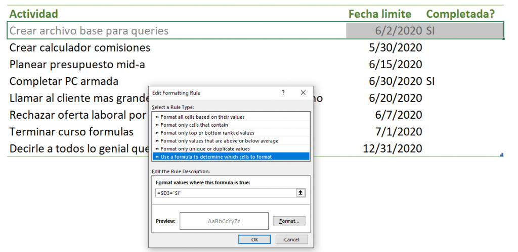 resaltar regla fecha completada 2