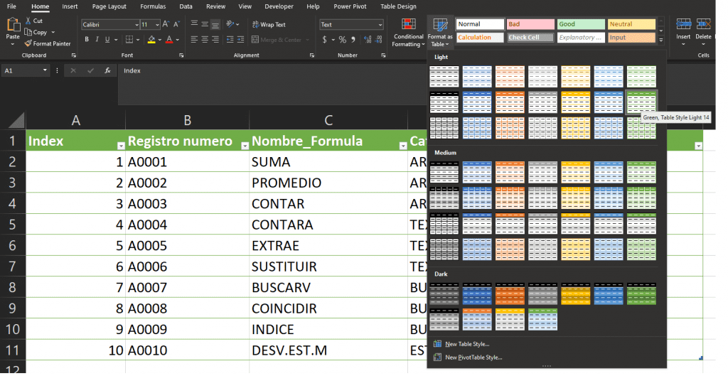 Excel tabla datos